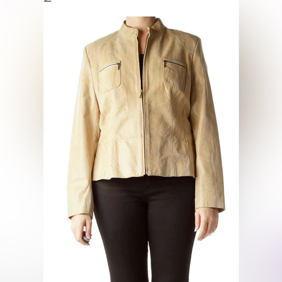 Alfani Embossed Leather Zip Up Long Sleeve Jacket Tan/Zippered Pockets M - Picture 14 of 15